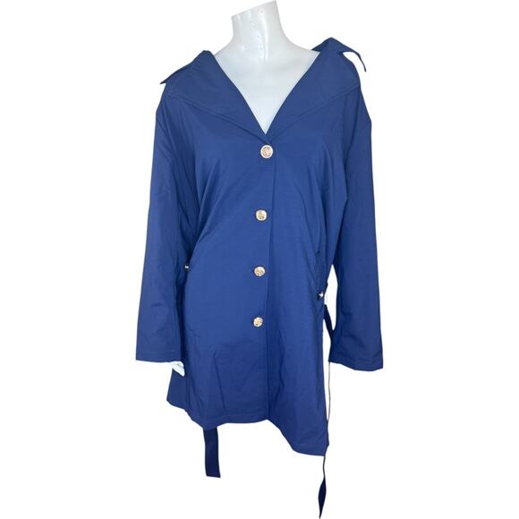 Dennis Basso Regular Water Resistant Trench Coat Hood Navy X-Large NWOT - Picture 2 of 15